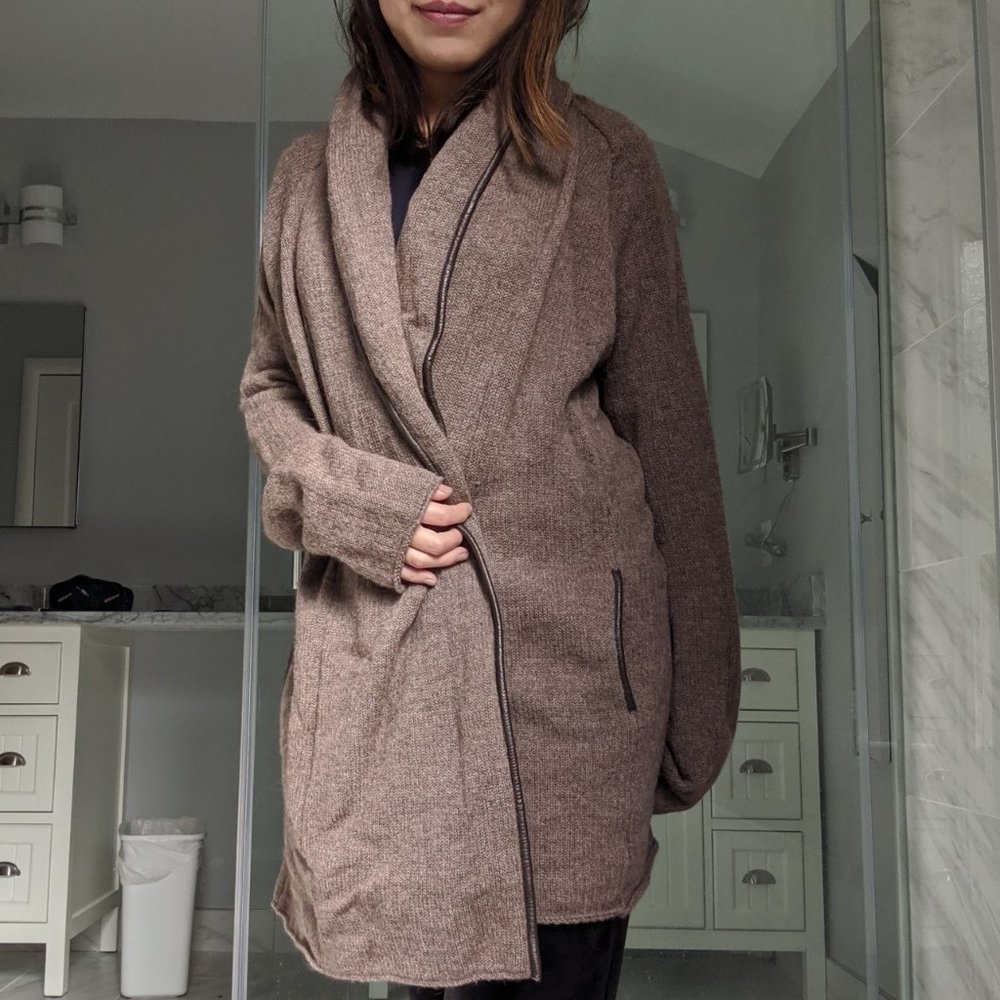 Vince Brown Marl Leather Trim Shawl Collar Long Wool Cardigan